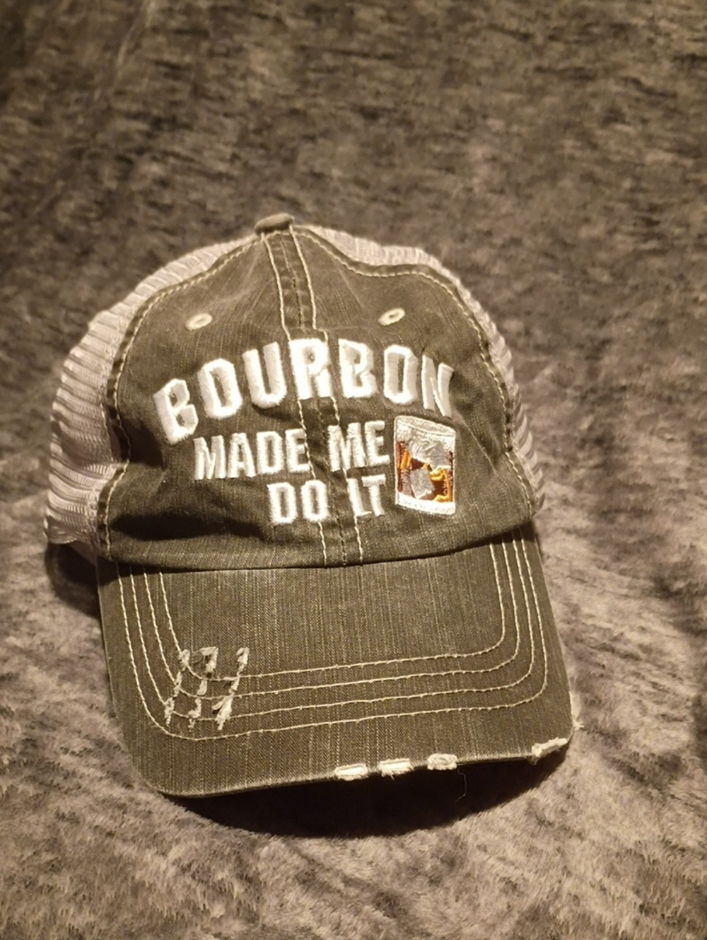 Bourbon Made Me Do It Trucker Hat Gray Distressed Mesh Snapback NWOT